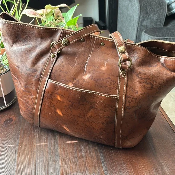 Patricia Nash Benvenuto Tote Signature Map Leather Brown Bag Purse Large